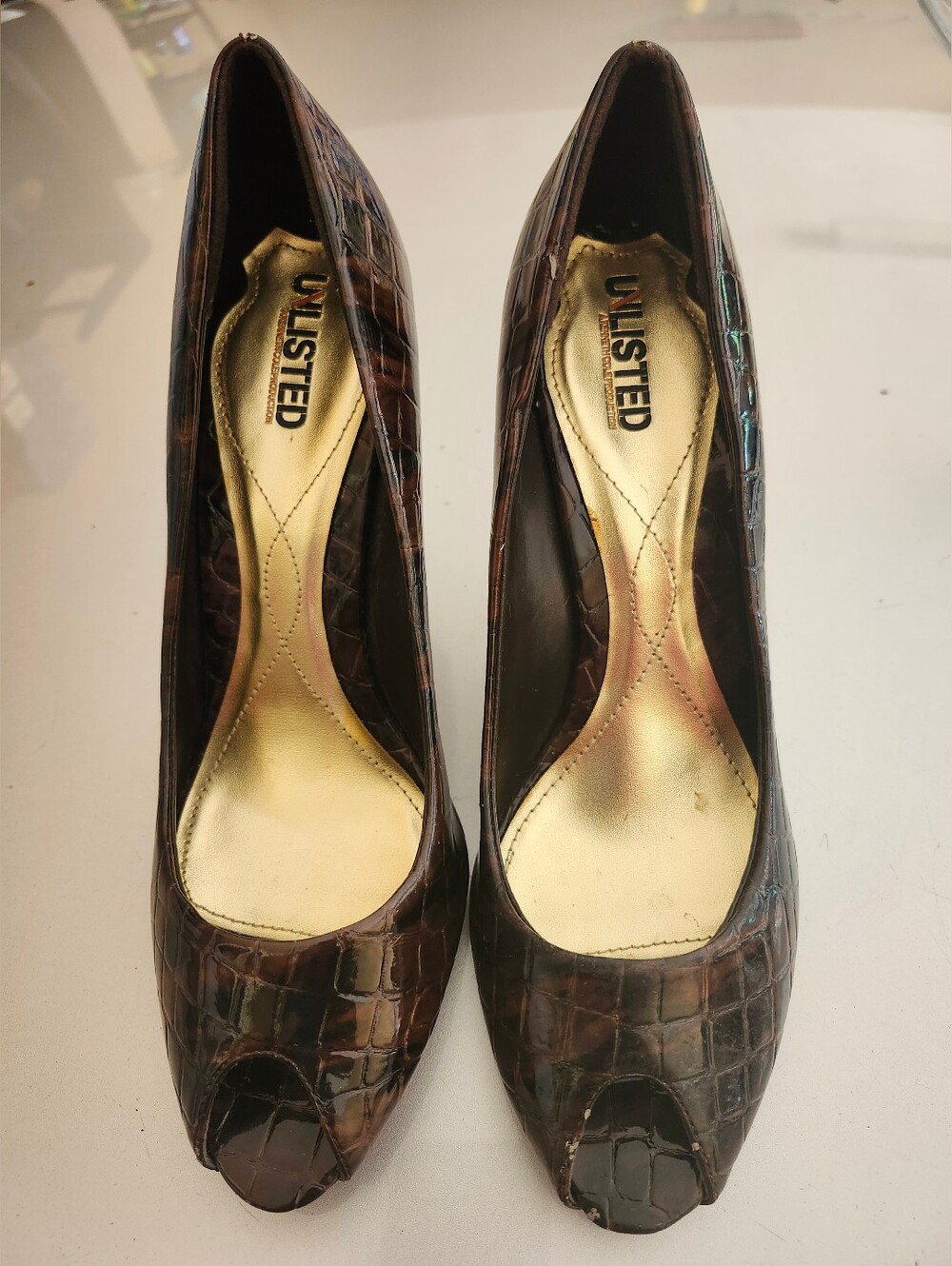 Unlisted Brown Croc-Embossed Peep-Toe Heels